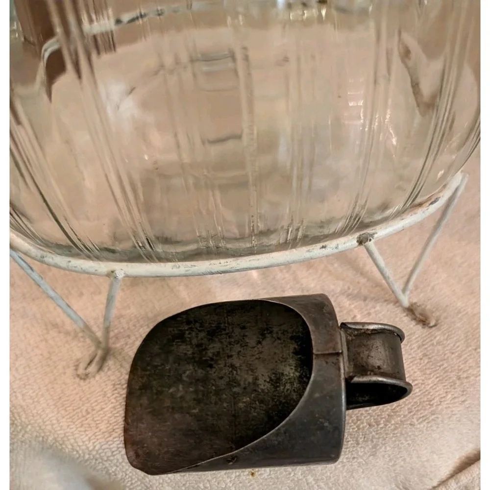 Antique Glass Jar Canister w/ Tin Lid & Scoop & Wire Stand Sellers Hoosier  S